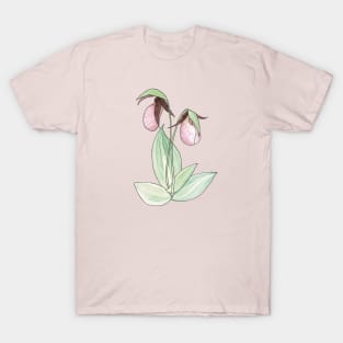 Pink Lady's Slipper Orchid Watercolor Illustration T-Shirt